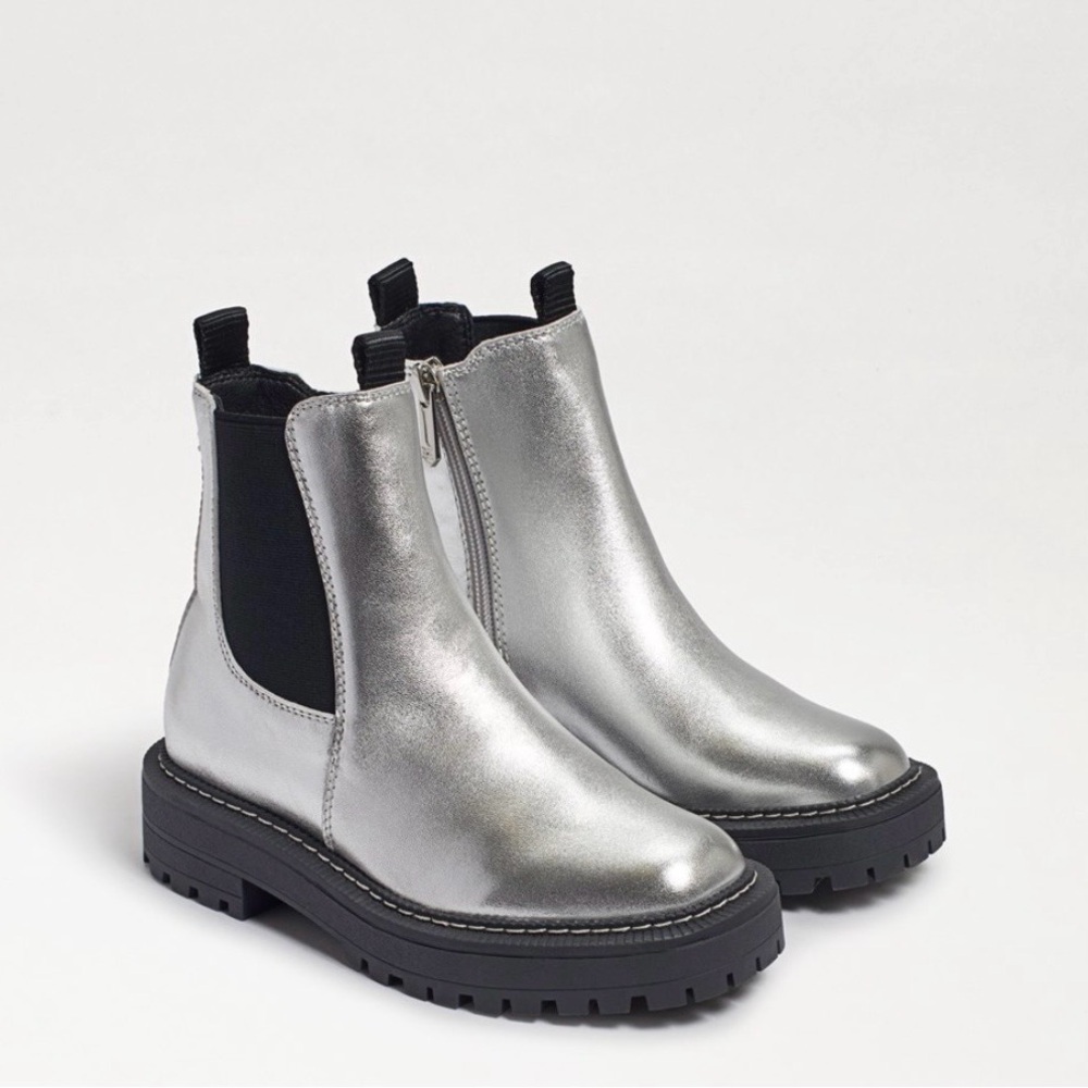 Sam Edelman Chelsea Silver Leather Ankle Boots with Black Accents